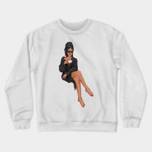 Brunette Girl with Coffee in Black Robe Crewneck Sweatshirt